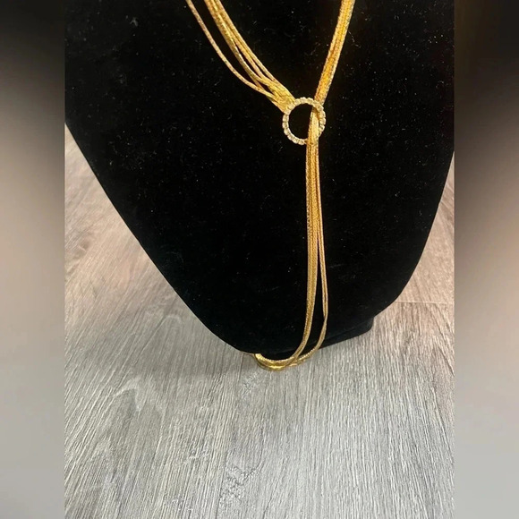 Gold Minimalistic Long Multi-strand Necklace With A Rhinestone Encrusted Accent - Picture 3 of 7